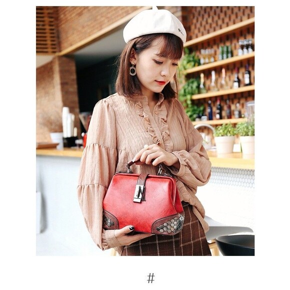 Women Red Top Handle Handbags Stud Decorated Boston Satchel Tote Shoulder Bag - Picture 5 of 6